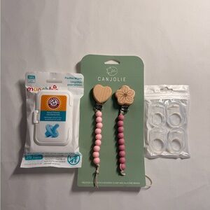 Munchkin Pacifier Wipes, Pacifier clips,& pacifier silicone adapter rings.